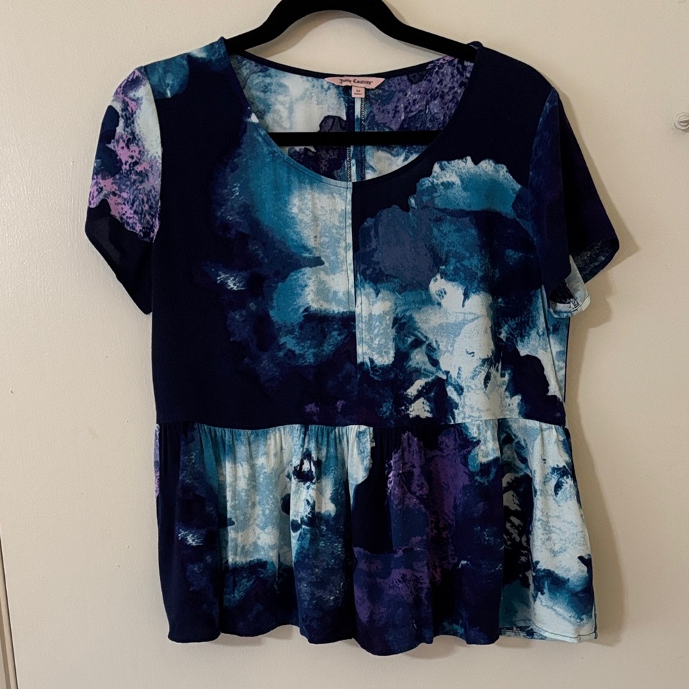 Women's Abstract Floral Print Top with slit opening - Blue and Purple